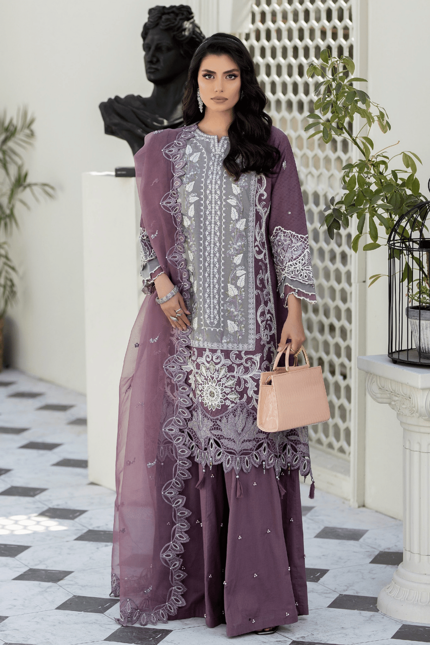 (Purple) Mother & Daughter 3 Pc Chikenkari Lawn Dress by Simrans