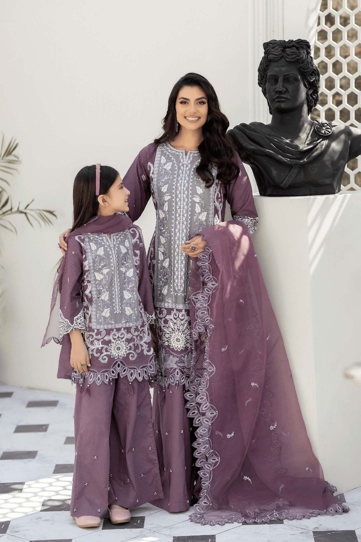 (Purple) Mother & Daughter 3 Pc Chikenkari Lawn Dress by Simrans