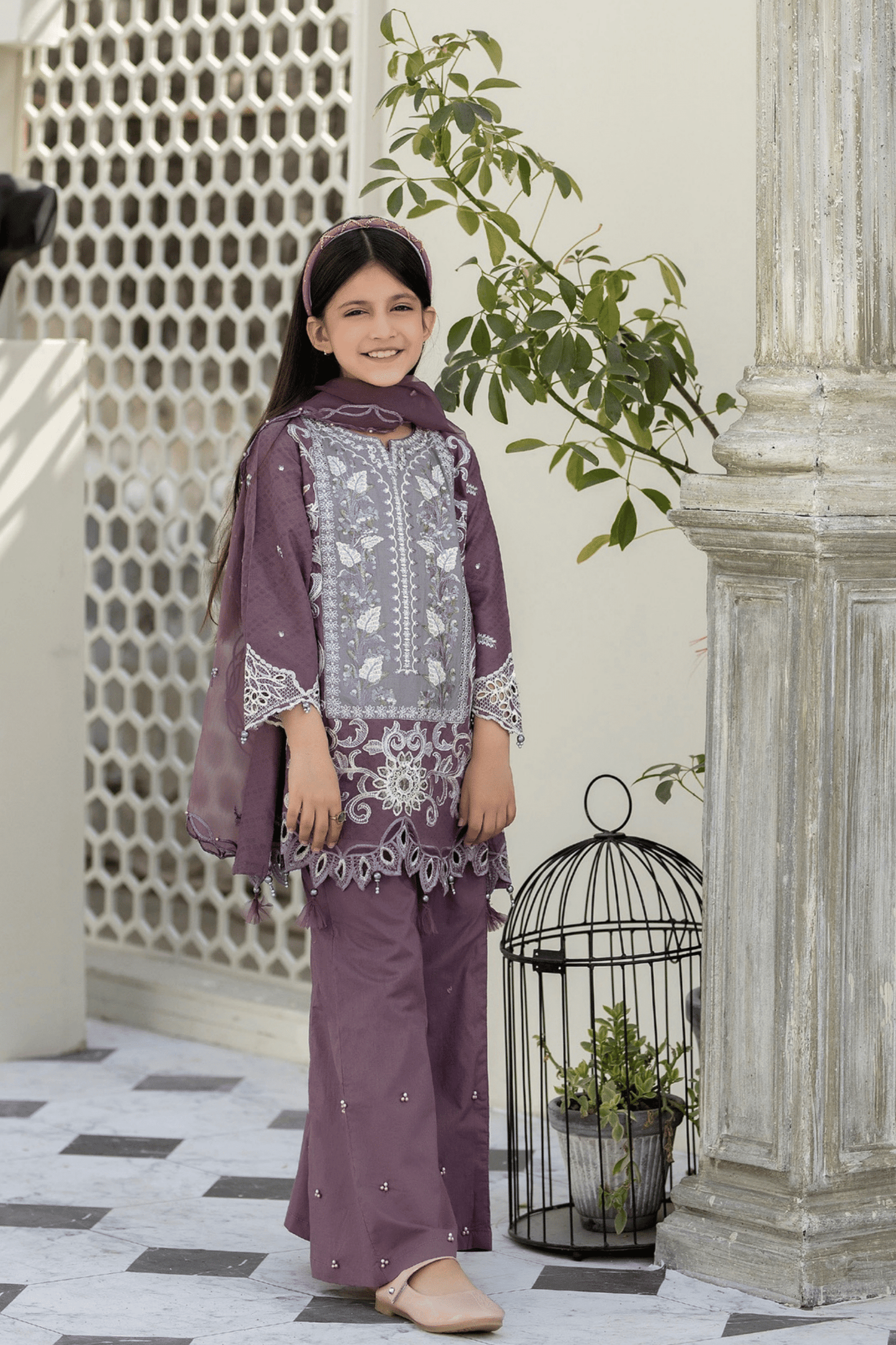 (Purple) Mother & Daughter 3 Pc Chikenkari Lawn Dress by Simrans