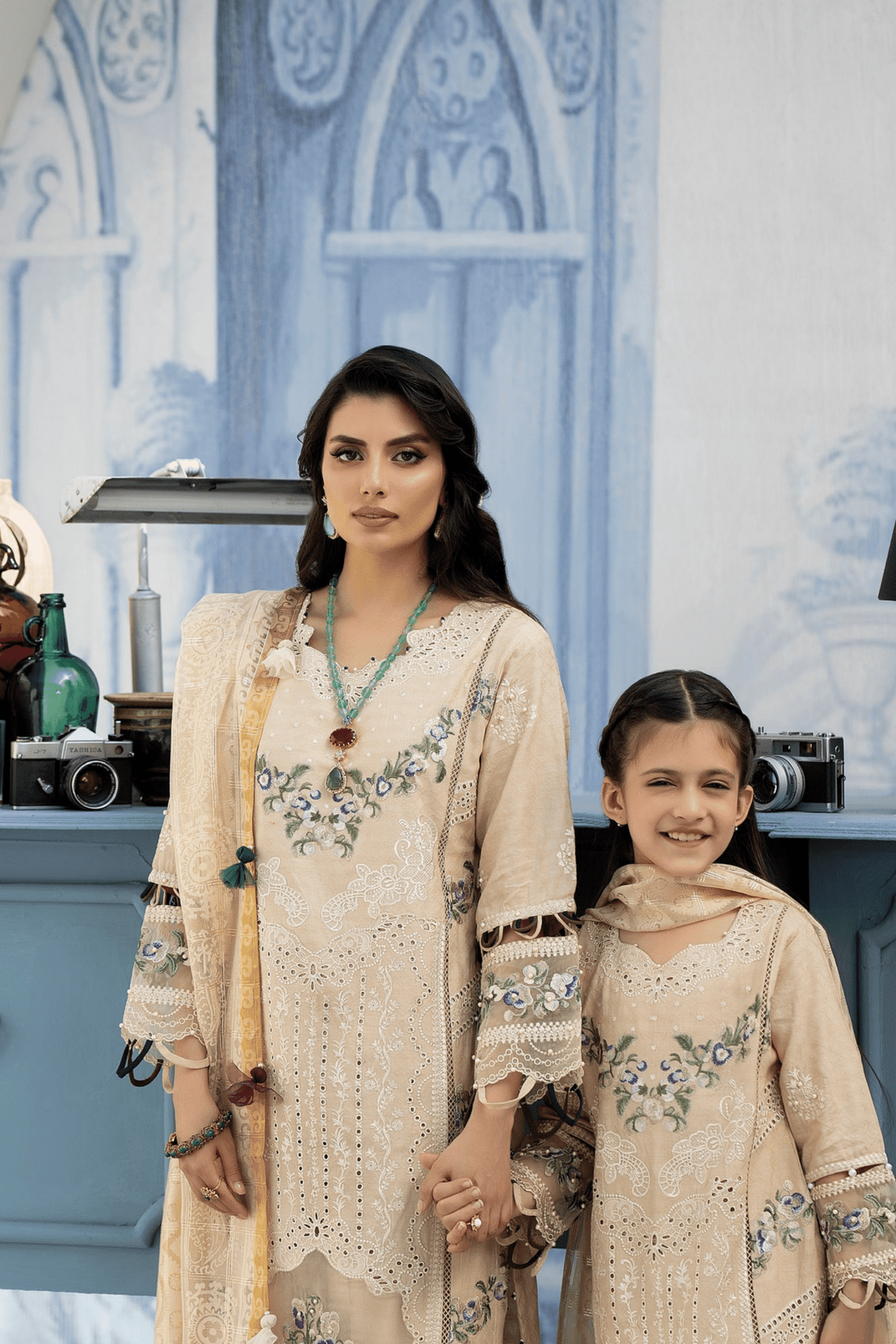 (BEIGE) Mother & Daughter 3 Pc Chikenkari Lawn Dress by Simrans