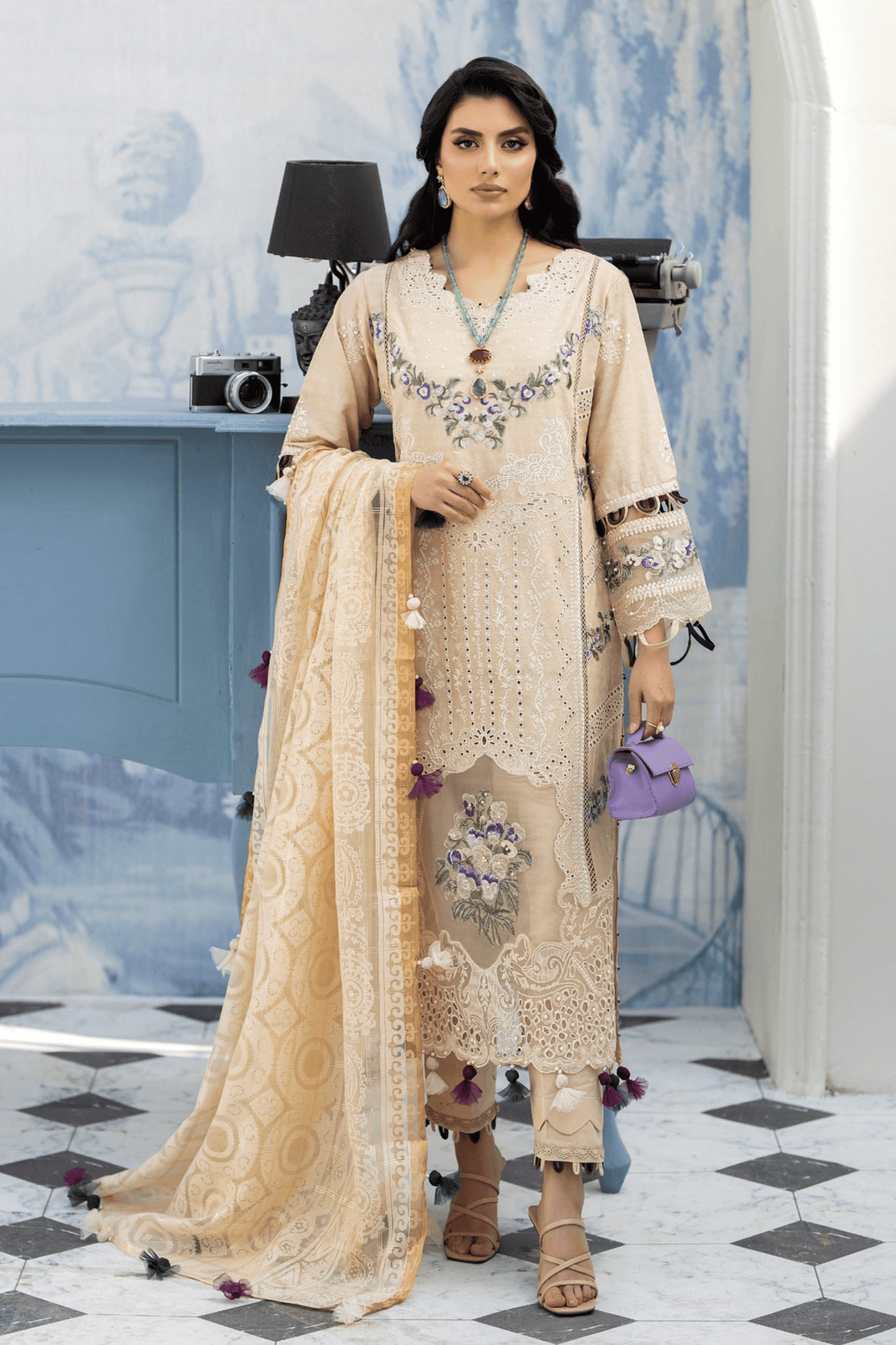 (BEIGE) Mother & Daughter 3 Pc Chikenkari Lawn Dress by Simrans