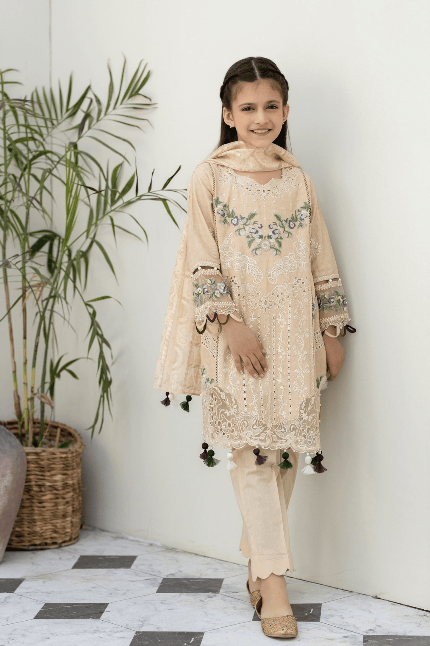 (BEIGE) Mother & Daughter 3 Pc Chikenkari Lawn Dress by Simrans