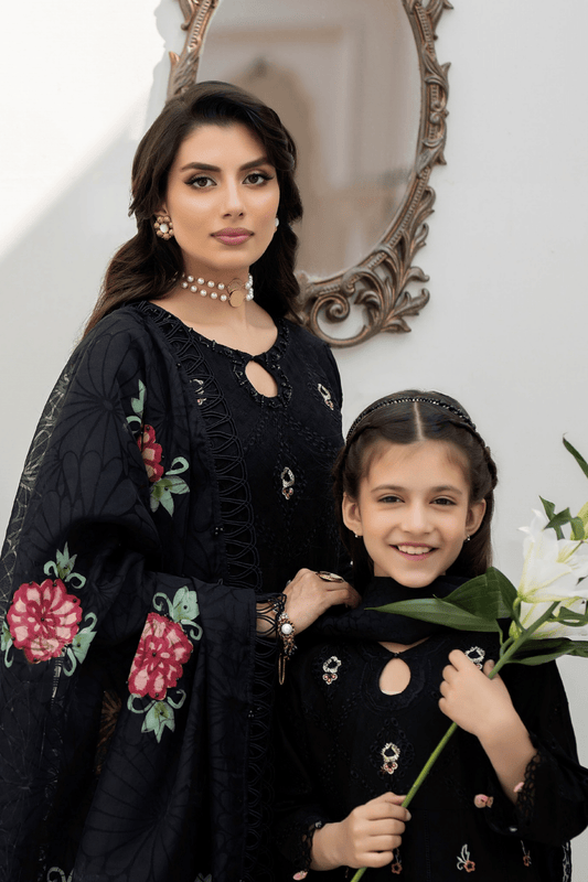 (Black) Mother & Daughter 3 Pc Chikenkari Lawn Dress by Simrans