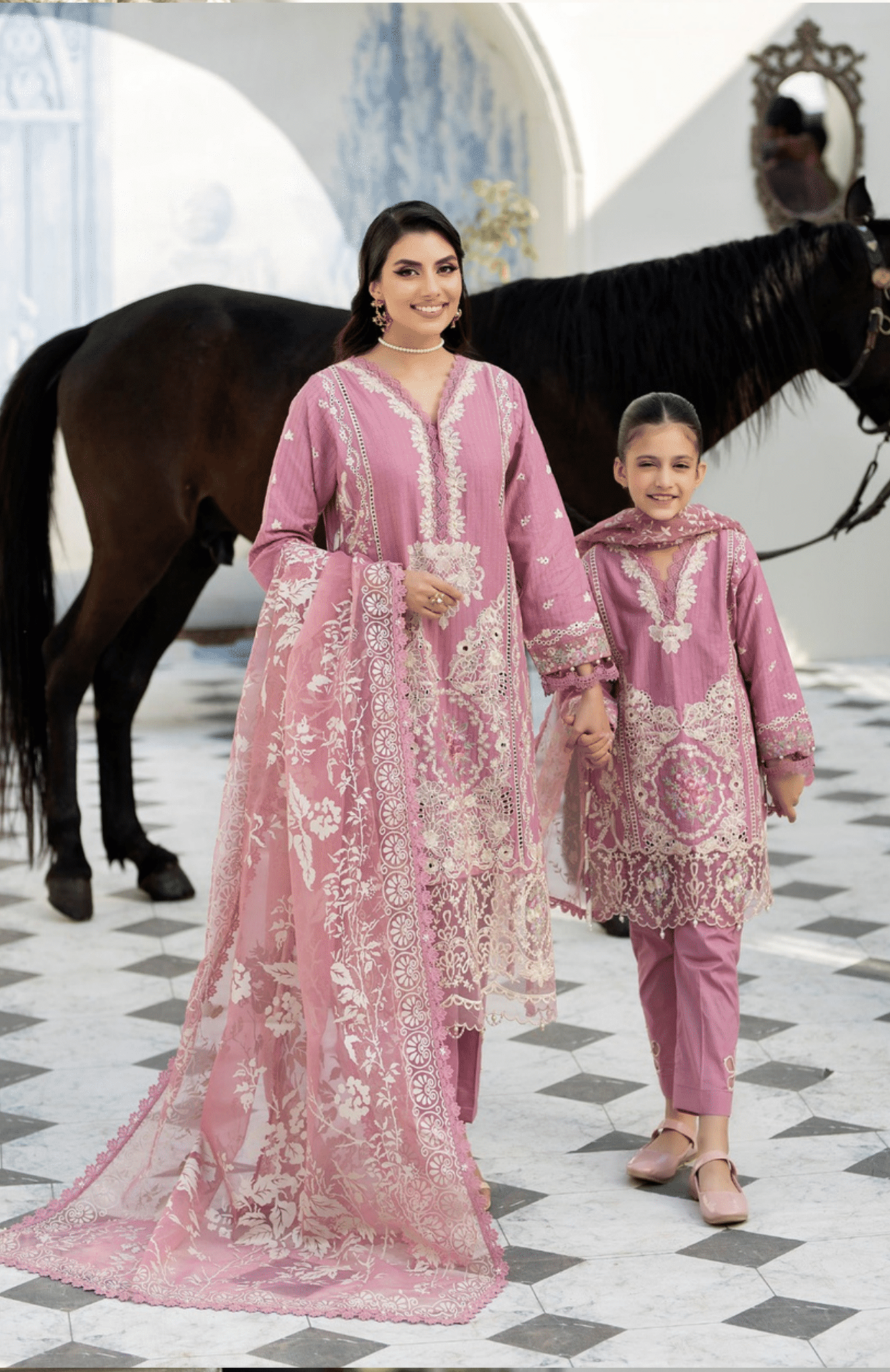 (Pink) Mother & Daughter 3 Pc Chikenkari Lawn Dress by Simrans