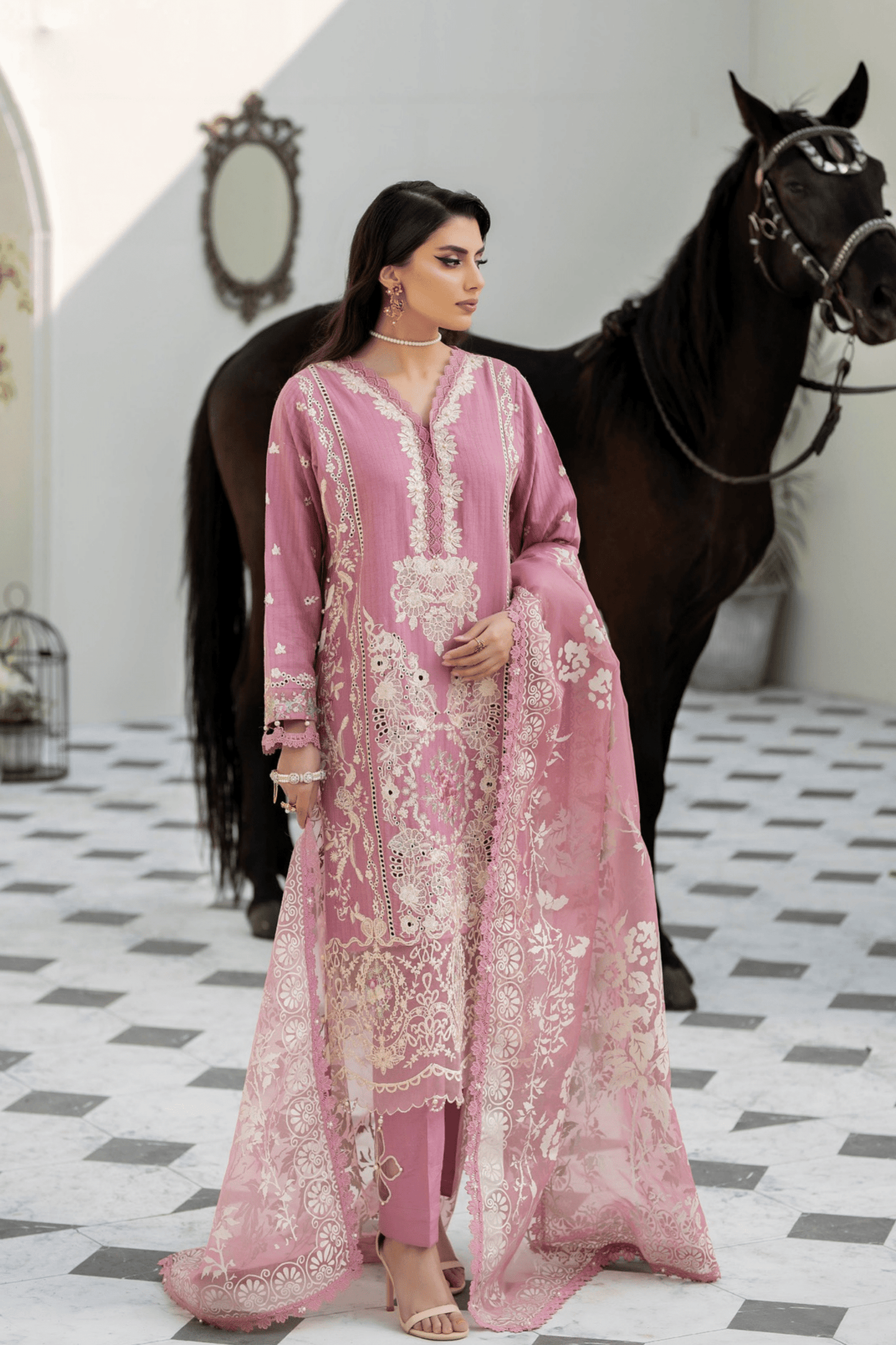 (Pink) Mother & Daughter 3 Pc Chikenkari Lawn Dress by Simrans