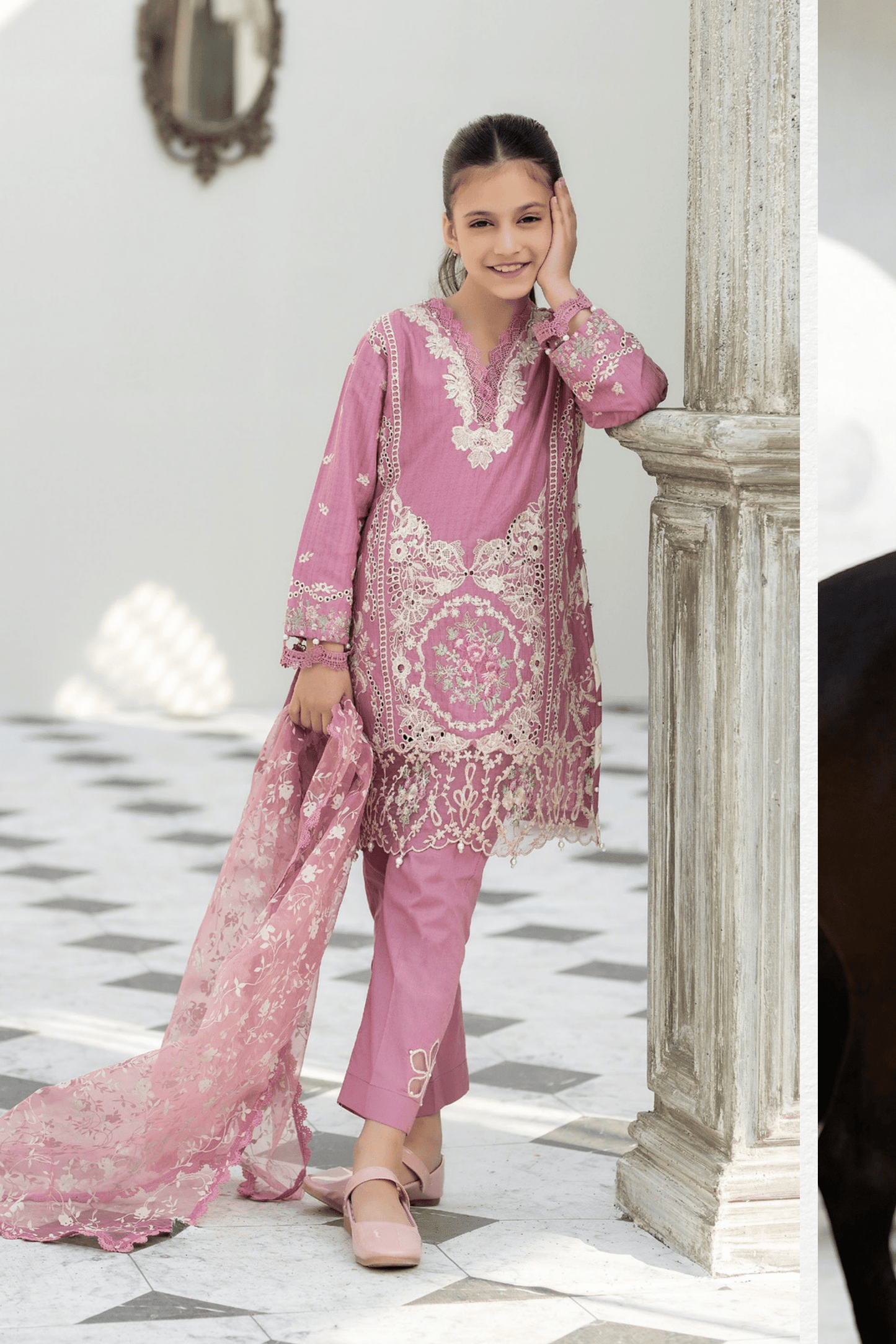 (Pink) Mother & Daughter 3 Pc Chikenkari Lawn Dress by Simrans