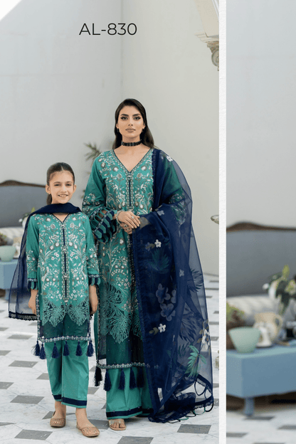 (Sea Green) Mother & Daughter 3 Pc Chikenkari Lawn Dress by Simrans