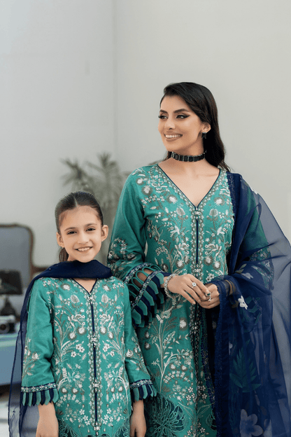 (Sea Green) Mother & Daughter 3 Pc Chikenkari Lawn Dress by Simrans