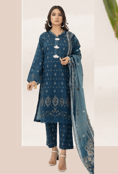 (BLUE) Embroidered 3 Piece Lawn Dress - Zainab Fazlani