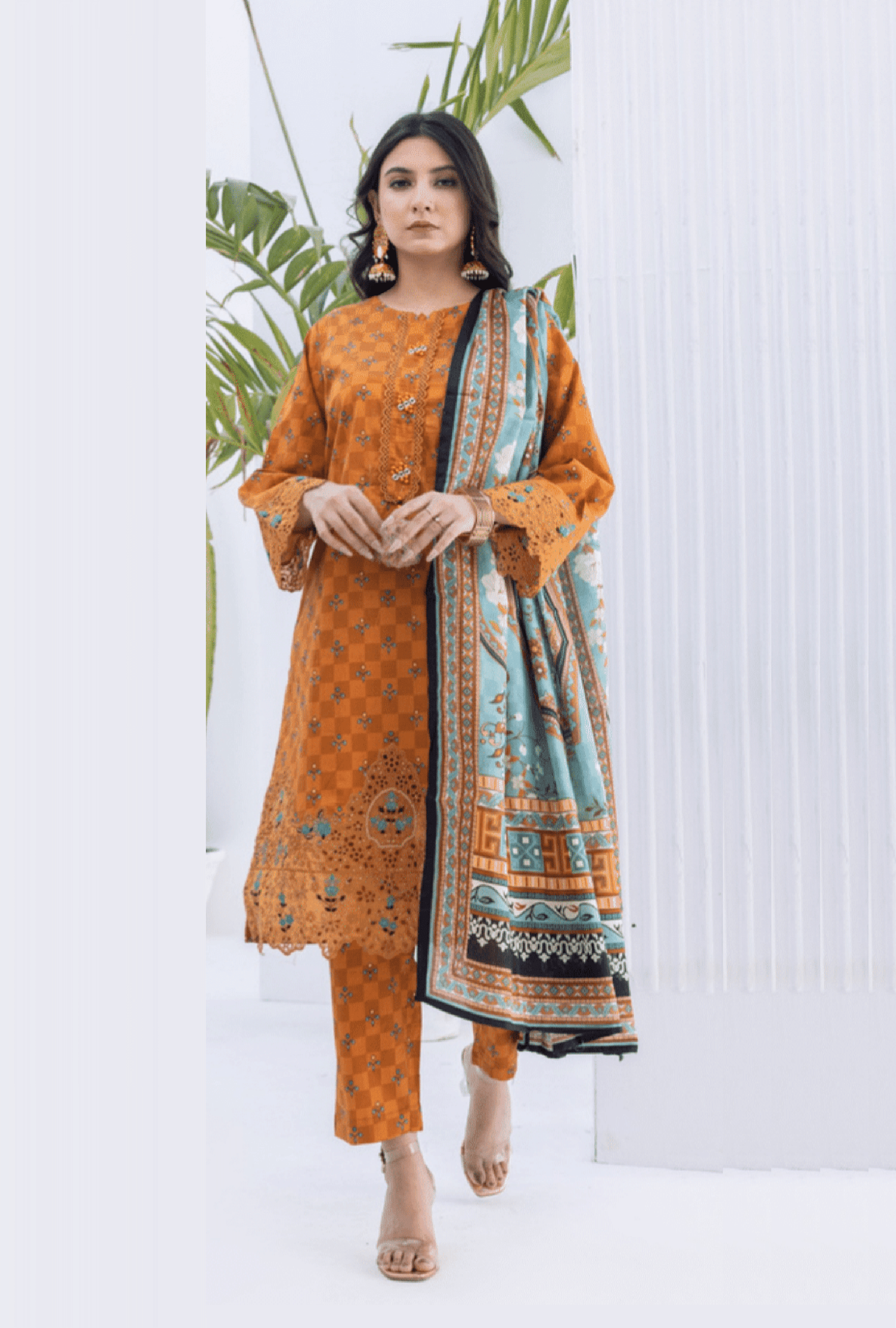 (LIGHT ORANGE) Embroidered 3 Piece Lawn Dress - Zainab Fazlani