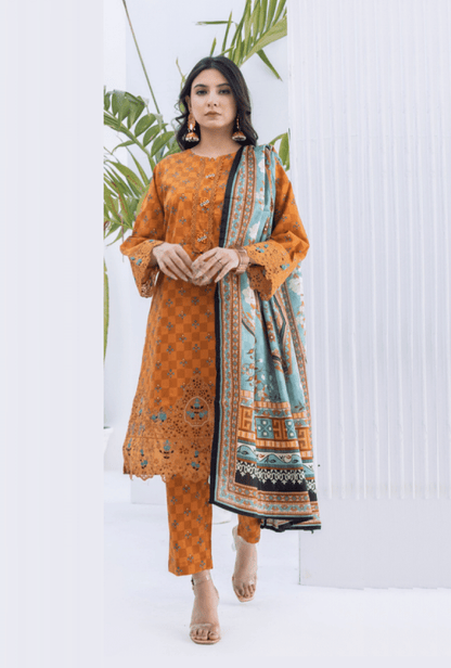 (LIGHT ORANGE) Embroidered 3 Piece Lawn Dress - Zainab Fazlani