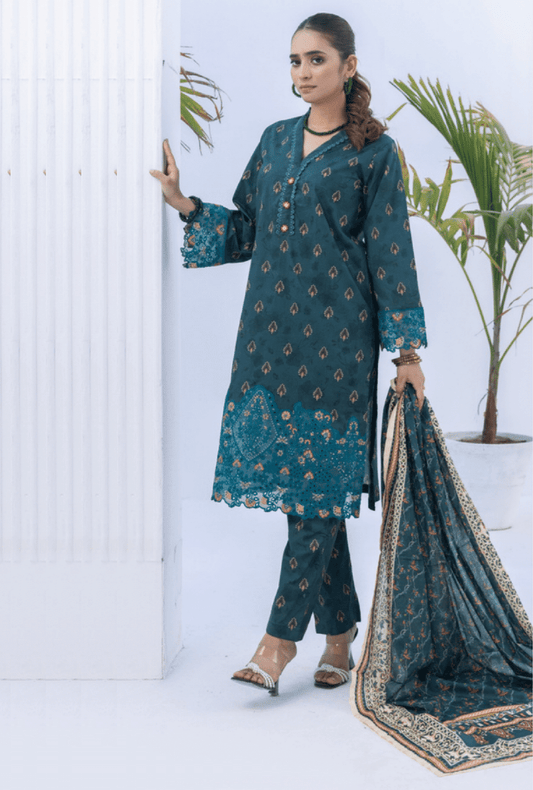 (CASAL BLUE) Embroidered 3 Piece Lawn Dress - Zainab Fazlani