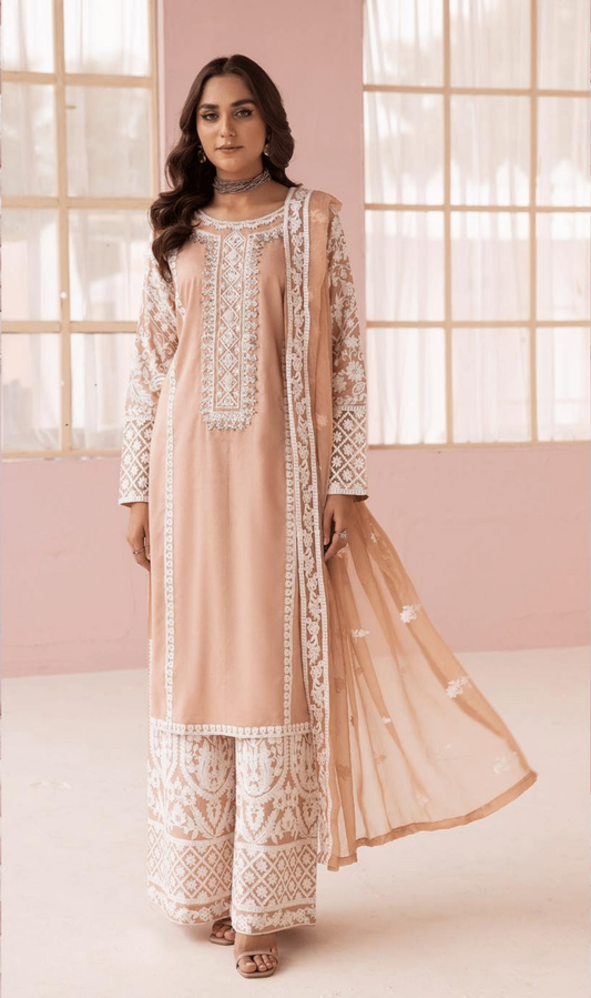 (Light Orange) "Fiza" Embroidered Linen 3 Pc Dress By Simrans