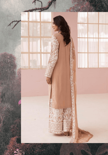 (Light Orange) "Fiza" Embroidered Linen 3 Pc Dress By Simrans