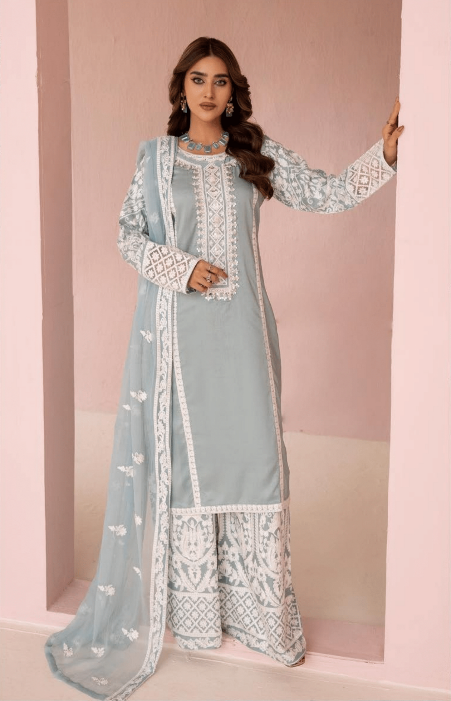 (Sea Green) "Fiza" Embroidered Linen 3 Pc Dress By Simrans