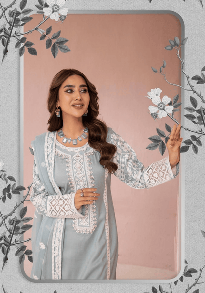 (Sea Green) "Fiza" Embroidered Linen 3 Pc Dress By Simrans