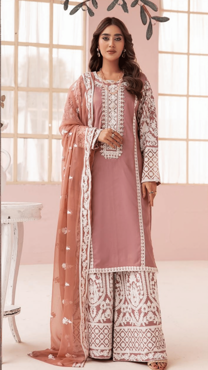 (Pink) "Fiza" Embroidered Linen 3 Pc Dress By Simrans