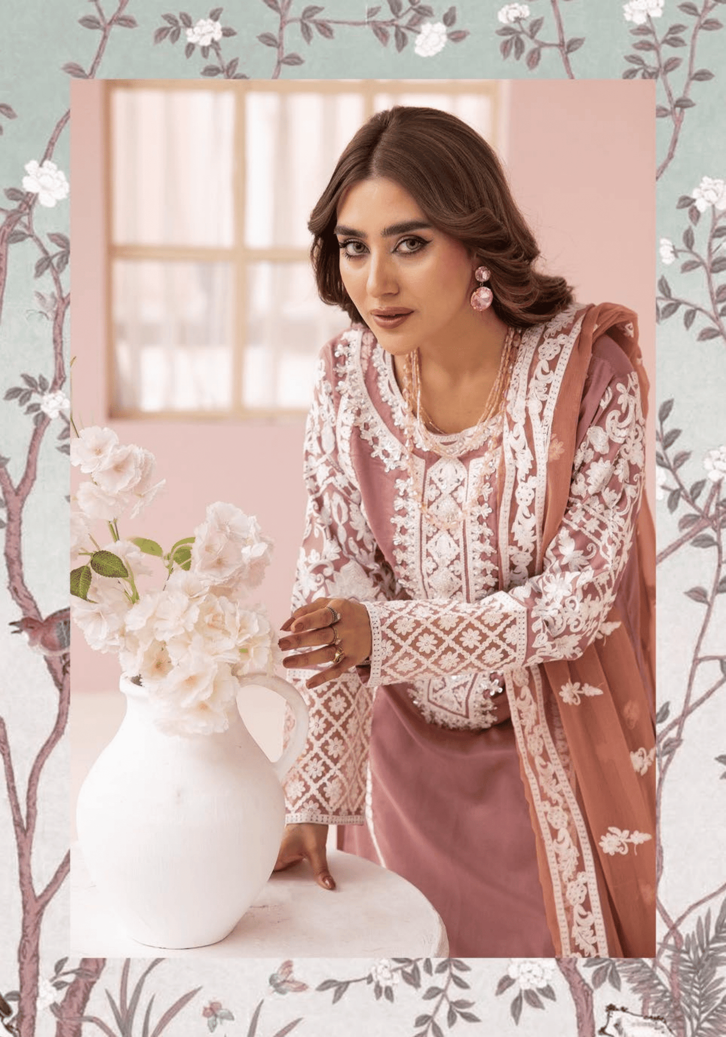 (Pink) "Fiza" Embroidered Linen 3 Pc Dress By Simrans