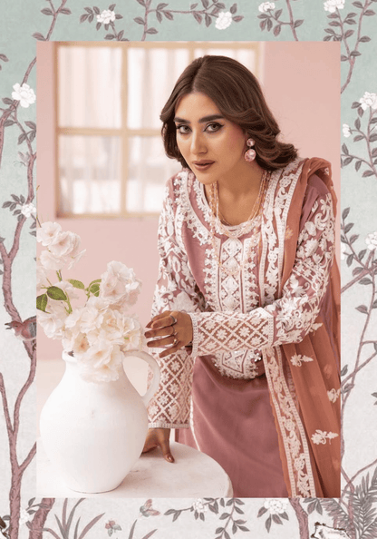 (Pink) "Fiza" Embroidered Linen 3 Pc Dress By Simrans