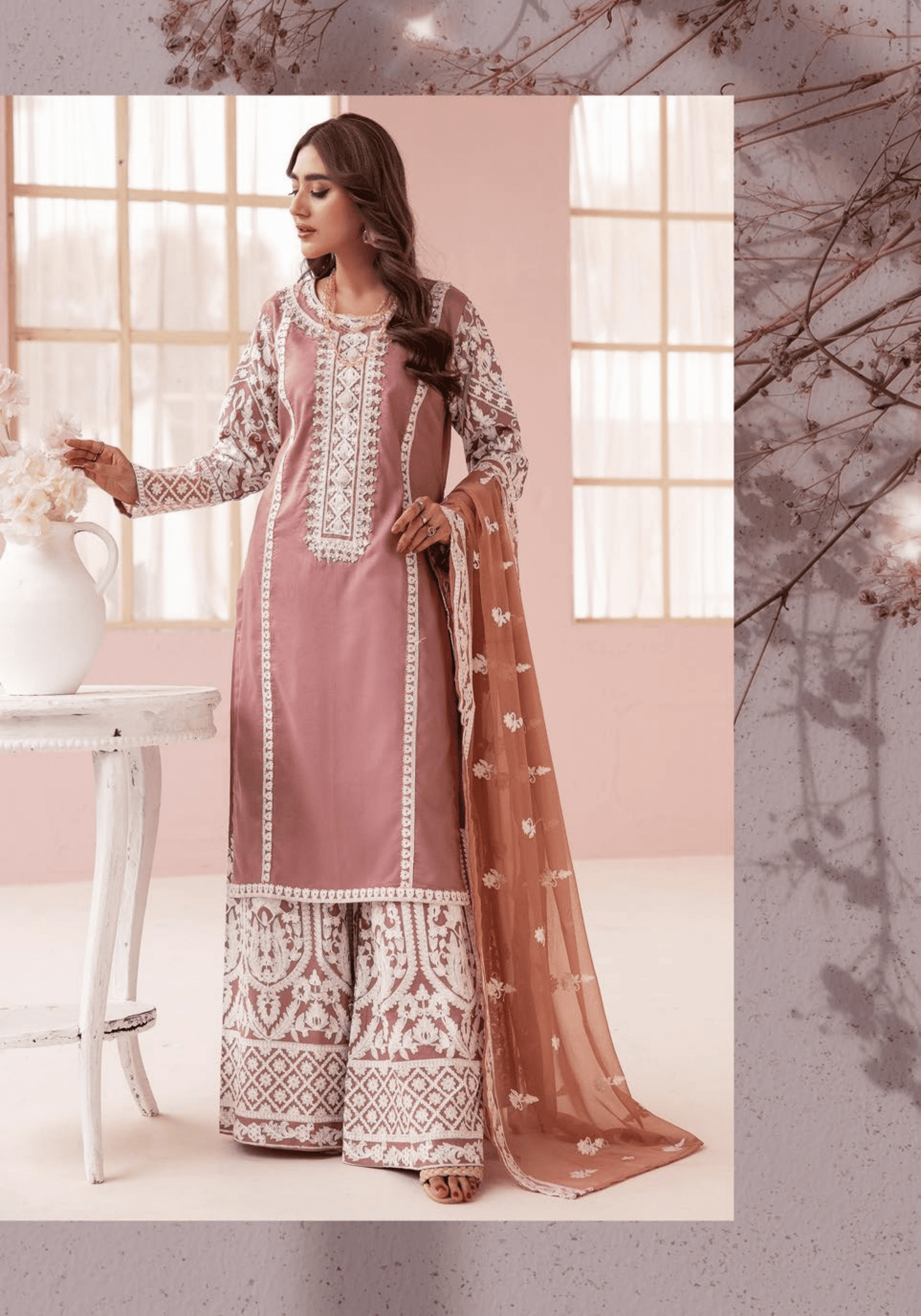 (Pink) "Fiza" Embroidered Linen 3 Pc Dress By Simrans