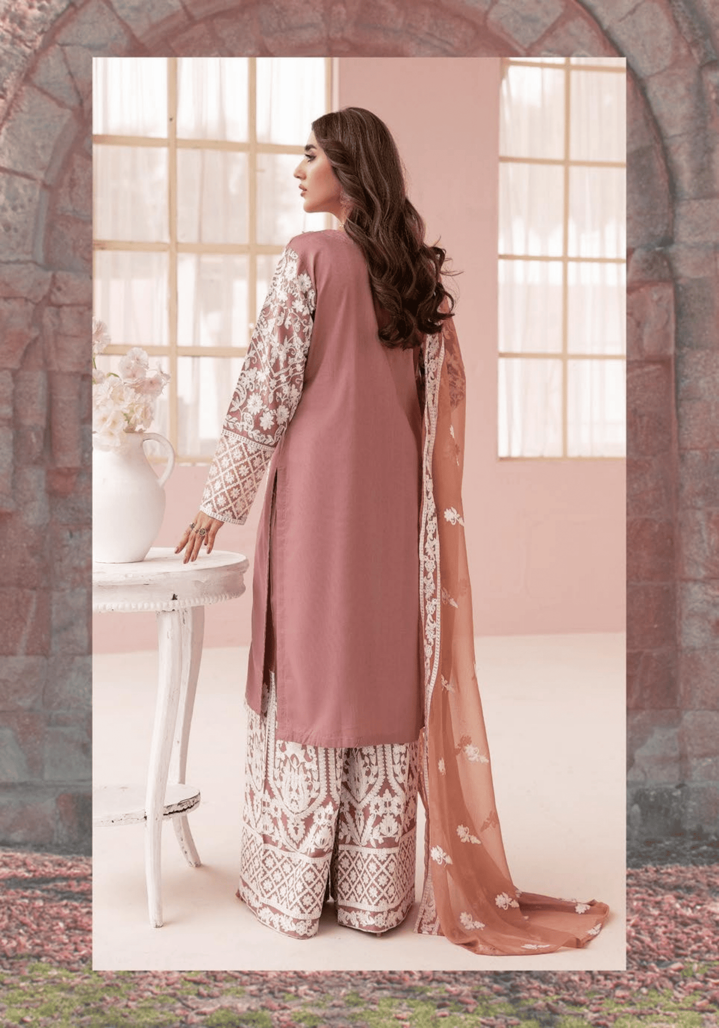 (Pink) "Fiza" Embroidered Linen 3 Pc Dress By Simrans