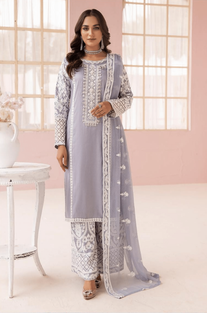 (Lilac) "Fiza" Embroidered Linen 3 Pc Dress By Simrans