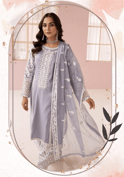 (Lilac) "Fiza" Embroidered Linen 3 Pc Dress By Simrans