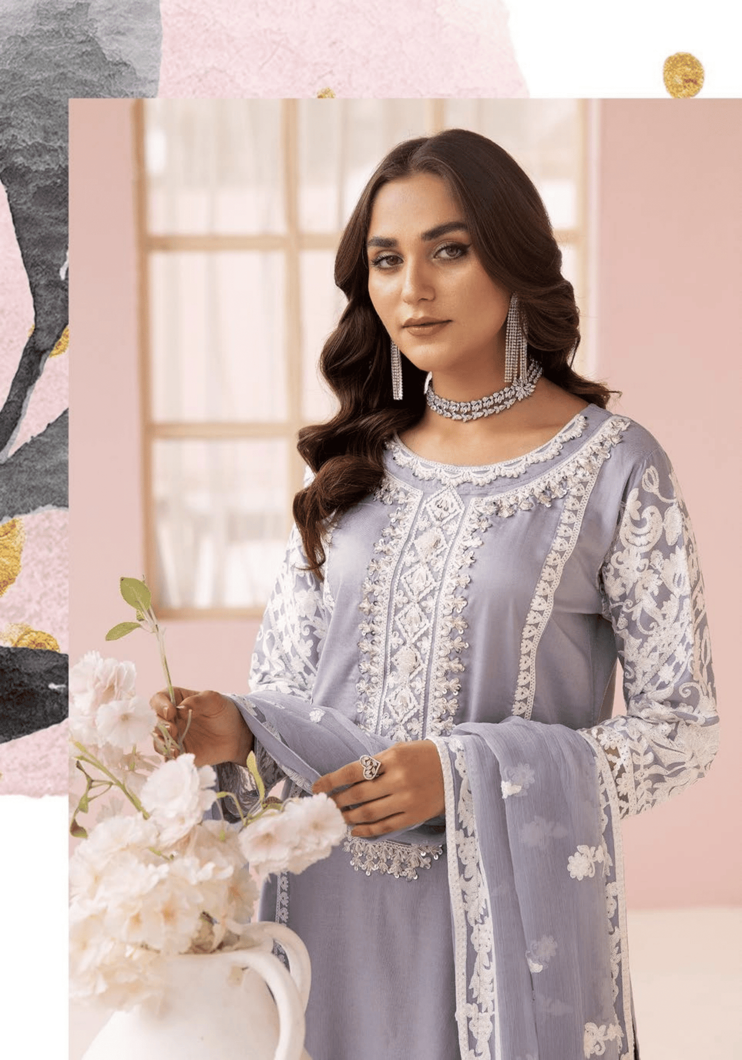 (Lilac) "Fiza" Embroidered Linen 3 Pc Dress By Simrans