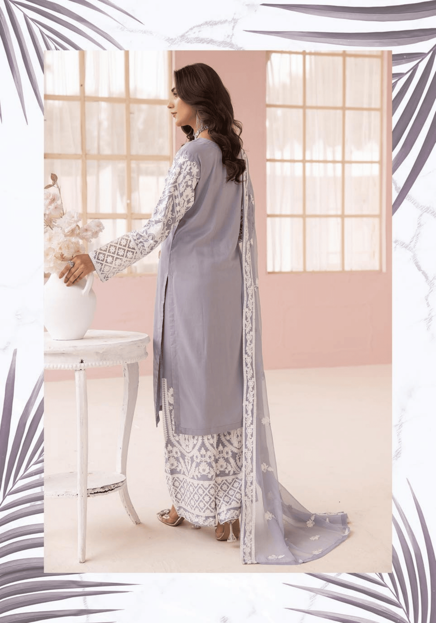 (Lilac) "Fiza" Embroidered Linen 3 Pc Dress By Simrans