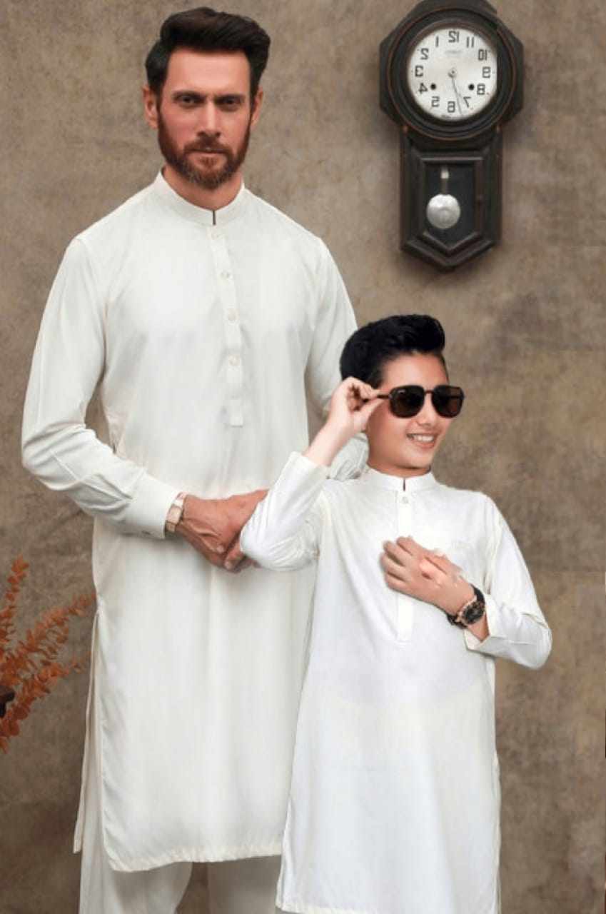 (WHITE) Father & Son Wash & Wear Salwar Kameez- UMNAA