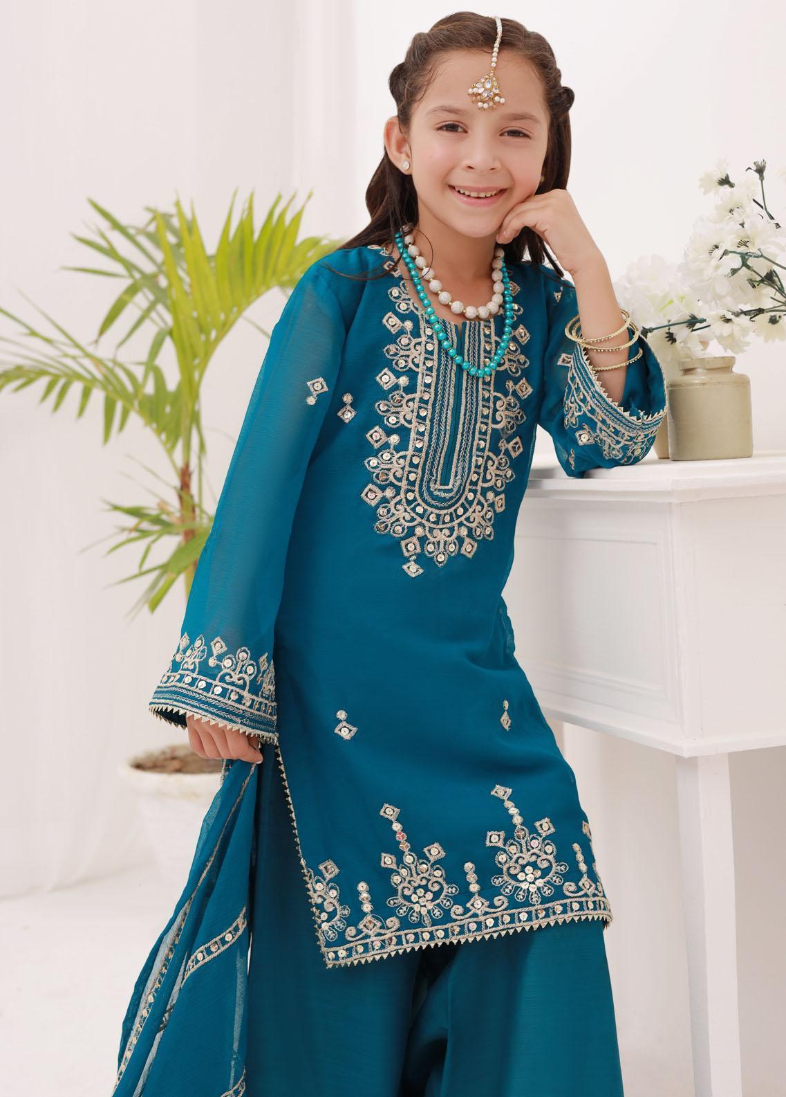 Kids embroidered chiffon 3pc stitched suit