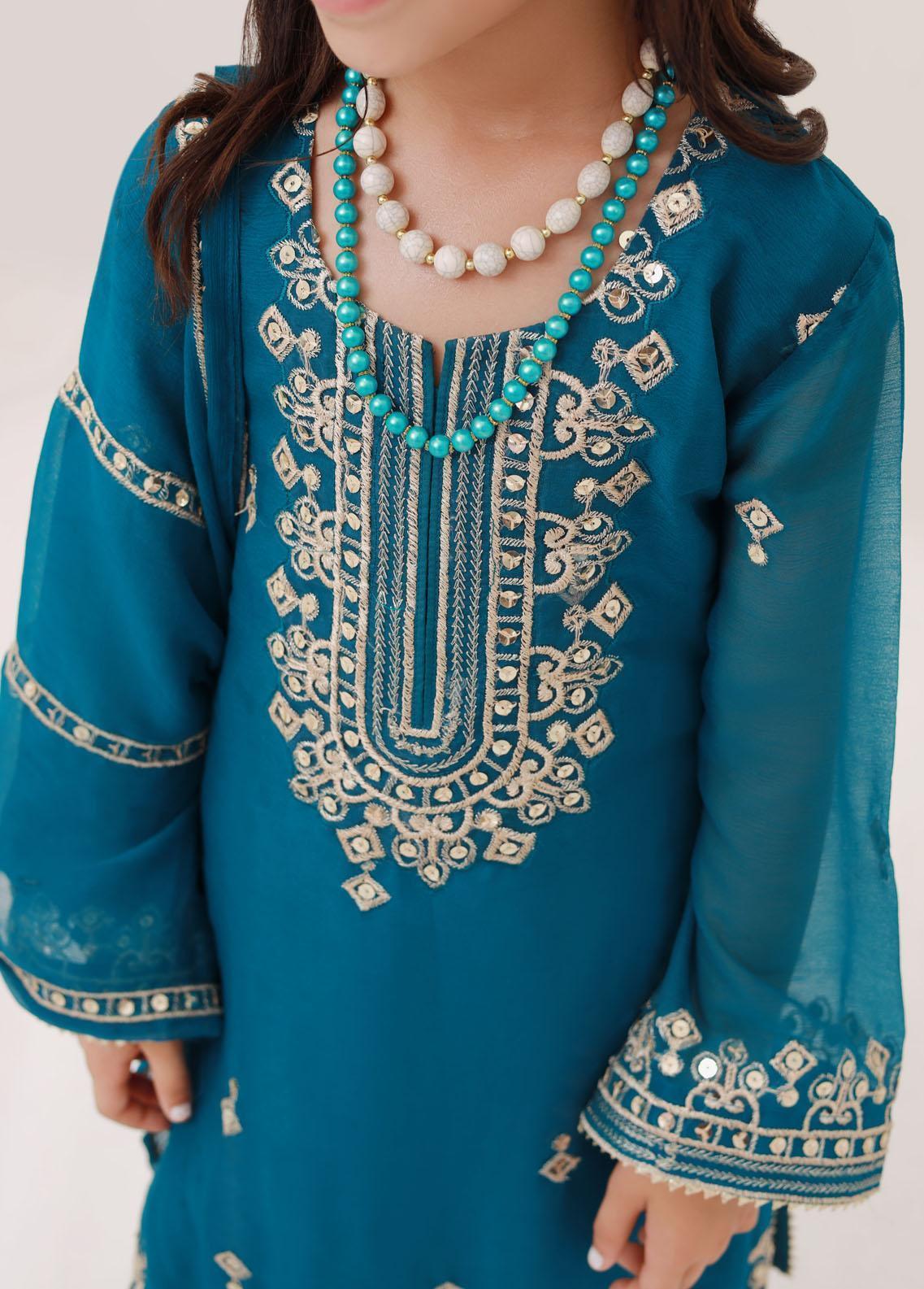 Kids embroidered chiffon 3pc stitched suit