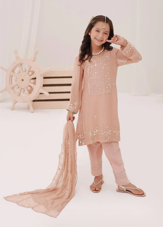 Kids embroidered chiffon 3pc stitched suit