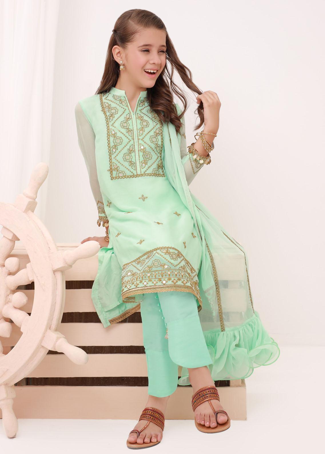 Kids embroidered chiffon 3 pc stitched suit