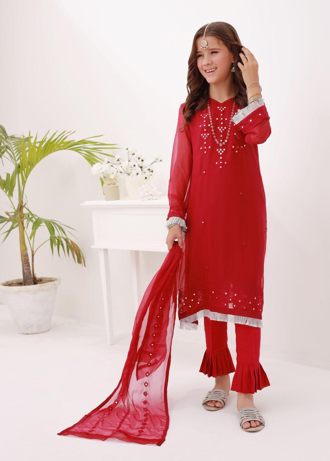 Kids embroidered chiffon 3 pc stitched suit