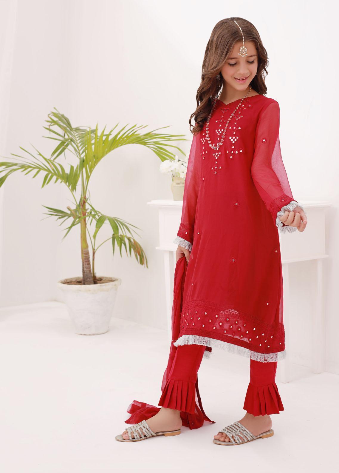 Kids embroidered chiffon 3 pc stitched suit