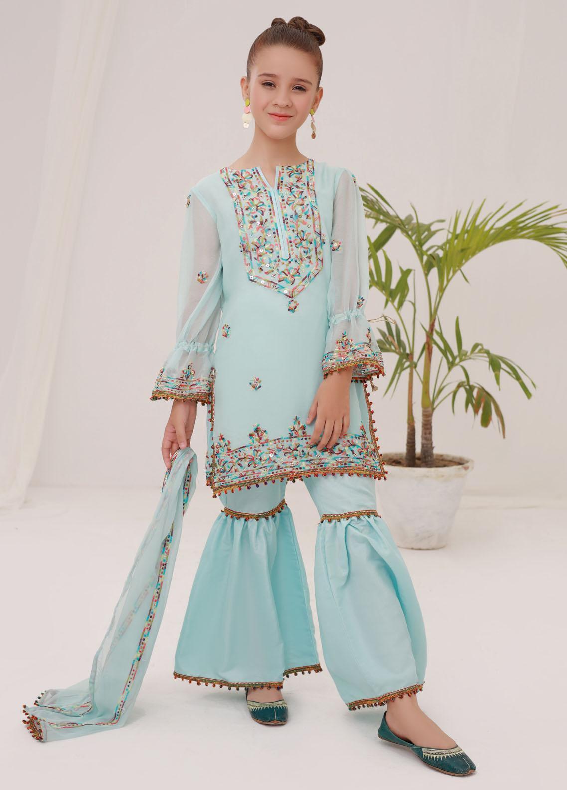 Kids embroidered chiffon 3 pc stitched suit