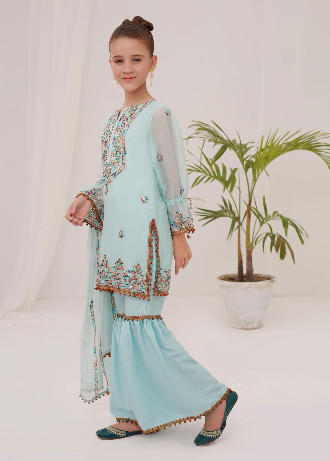 Kids embroidered chiffon 3 pc stitched suit