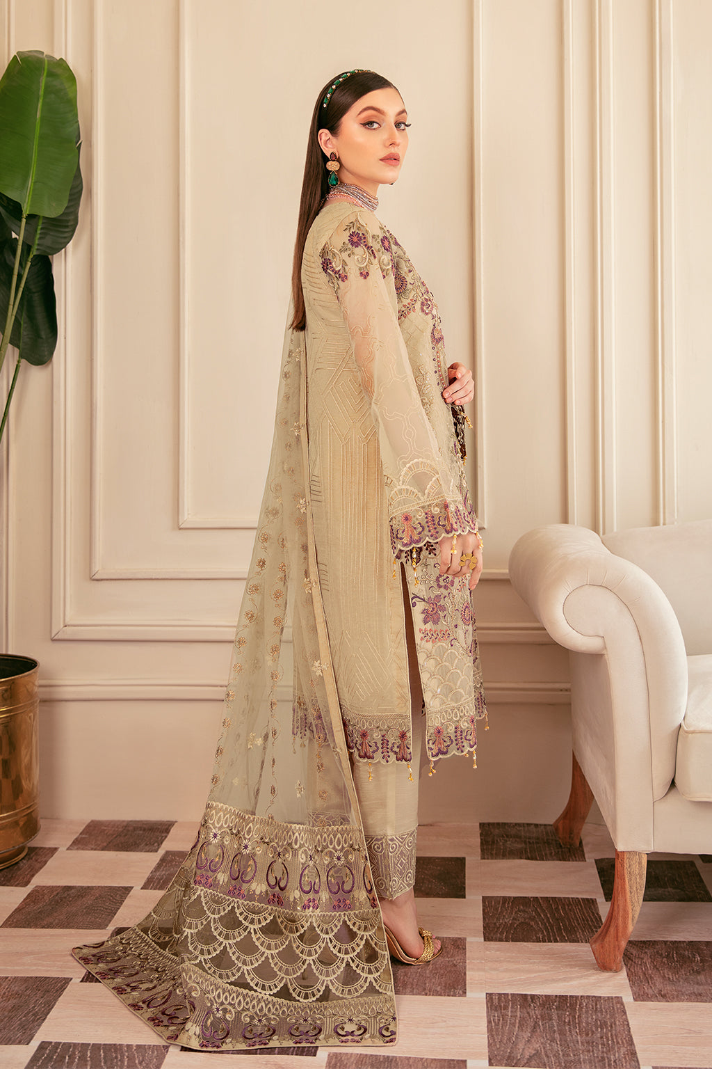 Beige Embroidered Organza 3pcs Dress-Ramsha