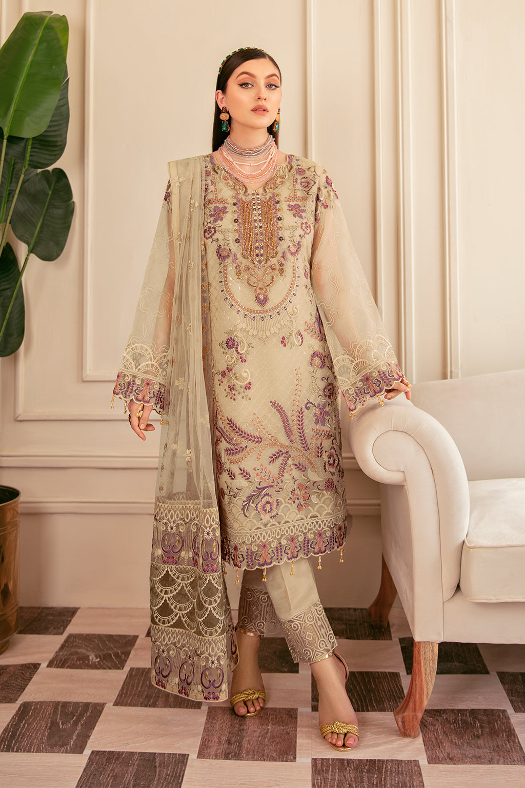 Beige Embroidered Organza 3pcs Dress-Ramsha