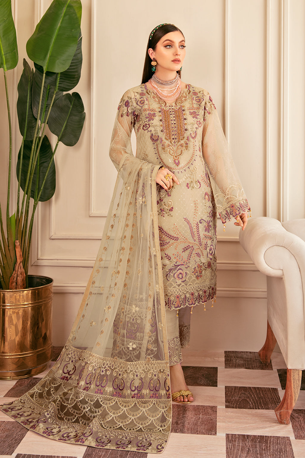 Beige Embroidered Organza 3pcs Dress-Ramsha