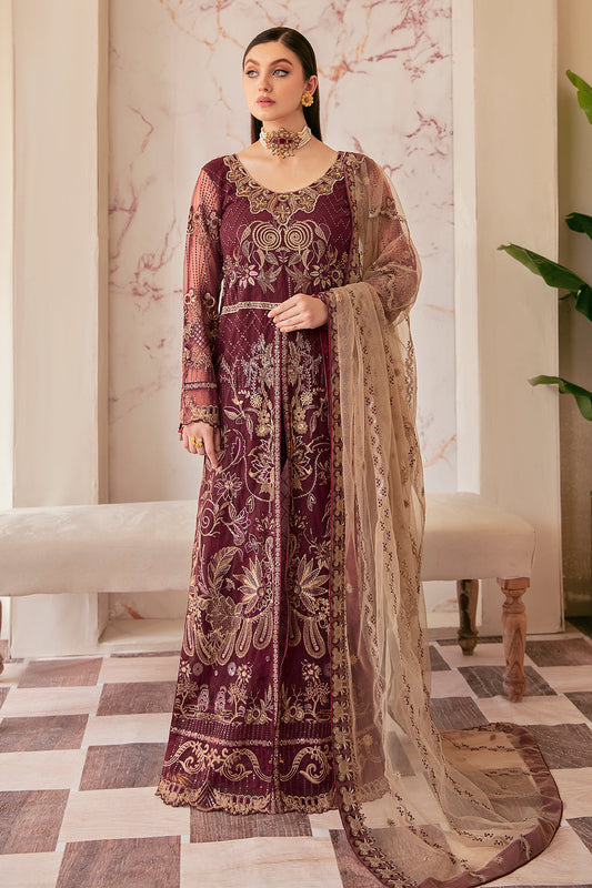 Maroon Embroidered net front with sequence DRESS-Ramsha