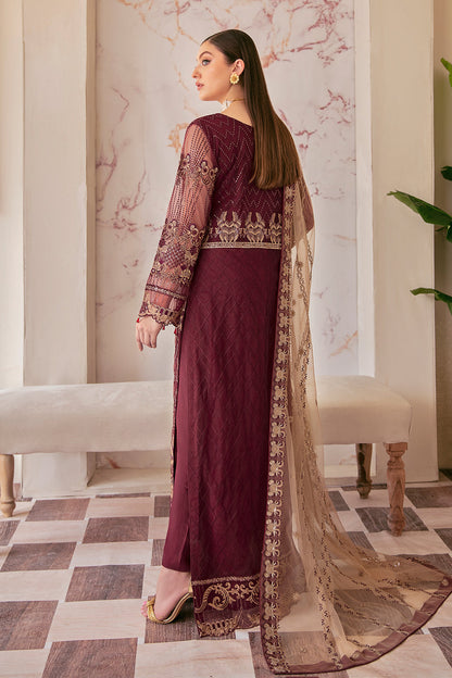 Maroon Embroidered net front with sequence DRESS-Ramsha