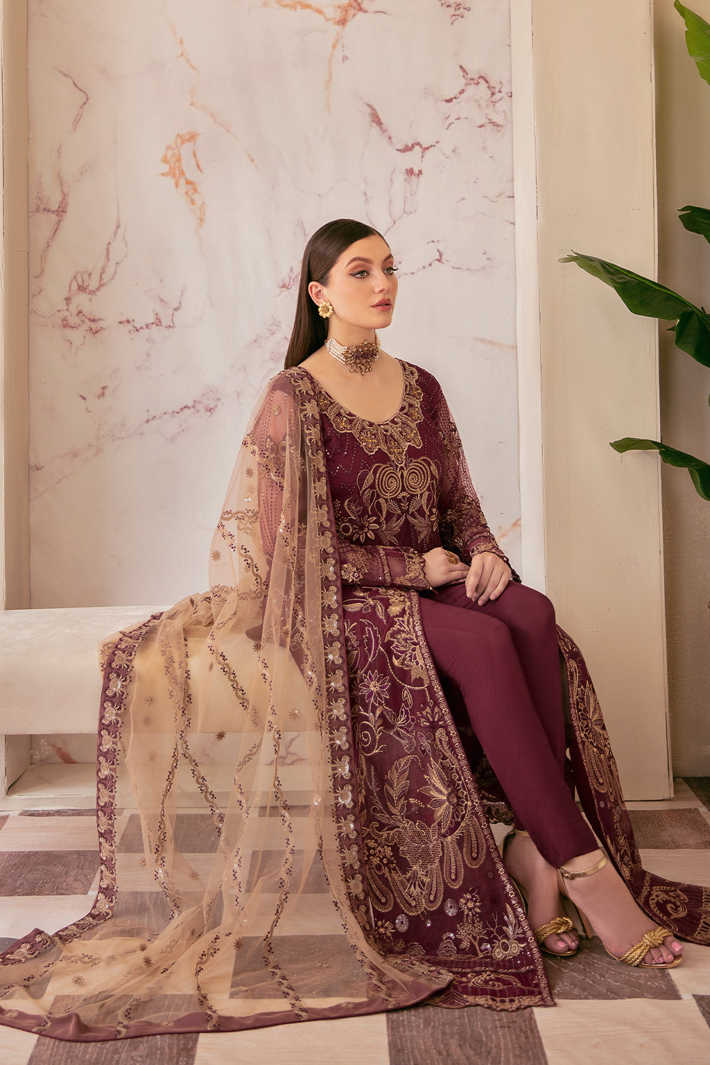 Maroon Embroidered net front with sequence DRESS-Ramsha