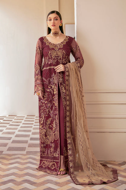 Maroon Embroidered net front with sequence DRESS-Ramsha