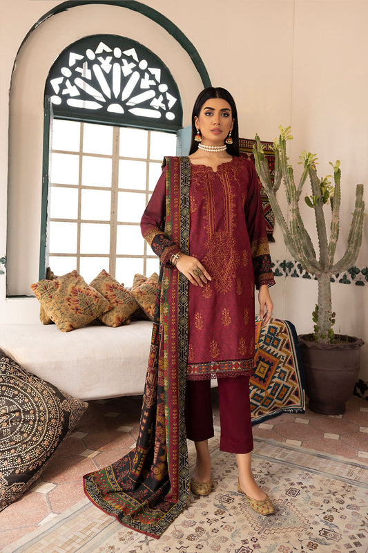 Maroon Embroidered+Digital Printed Dress-Johra