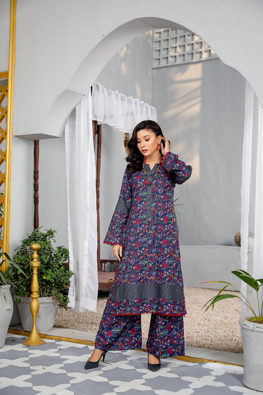 Navy floral 2 piece printed dress -Munira