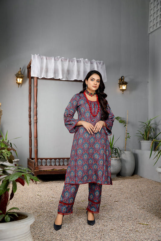 Printed 2 piece dhanak dress-Munira