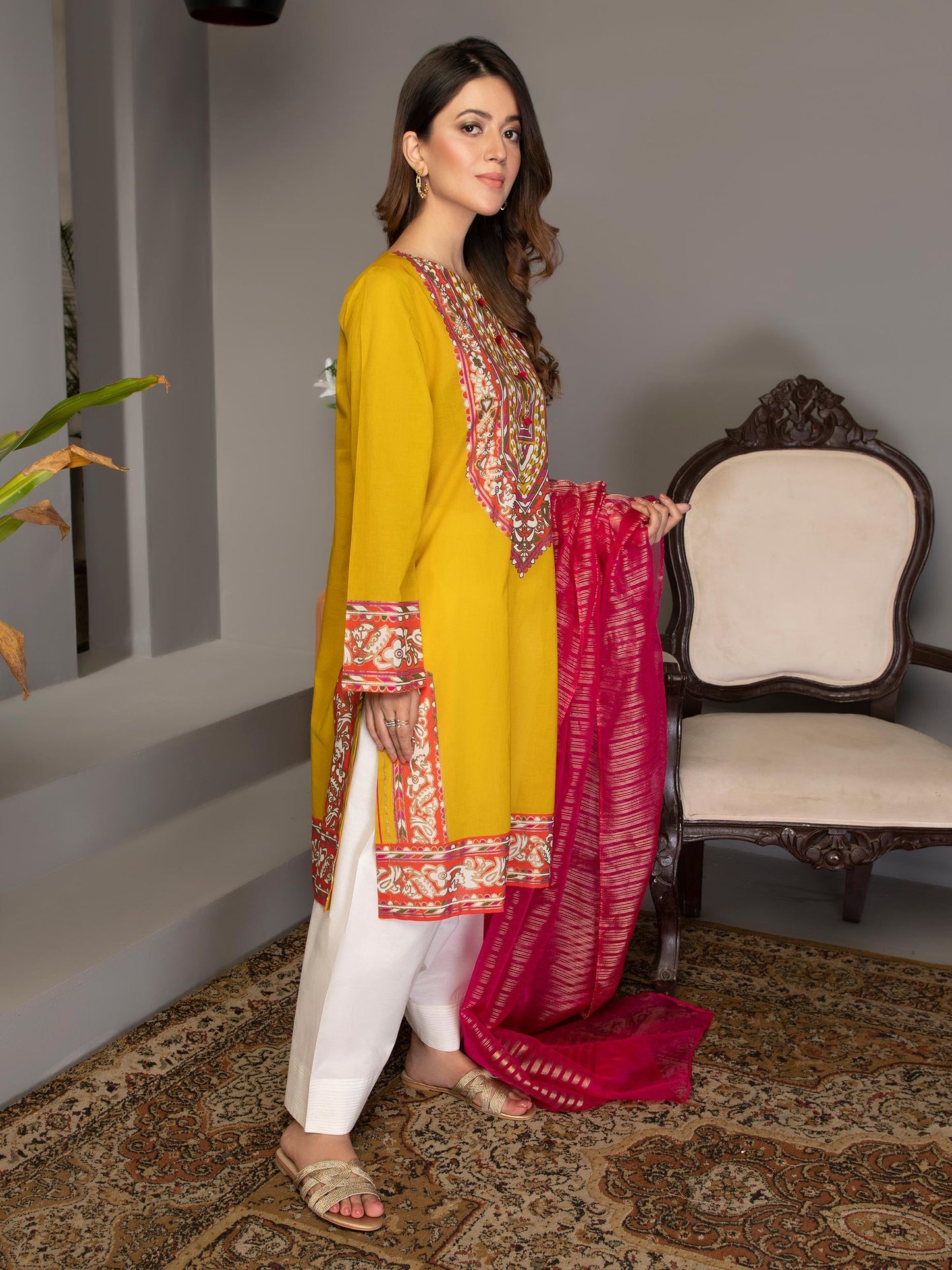 Yellow stitched 2 Piece Printed Lawn Suit By Limelight