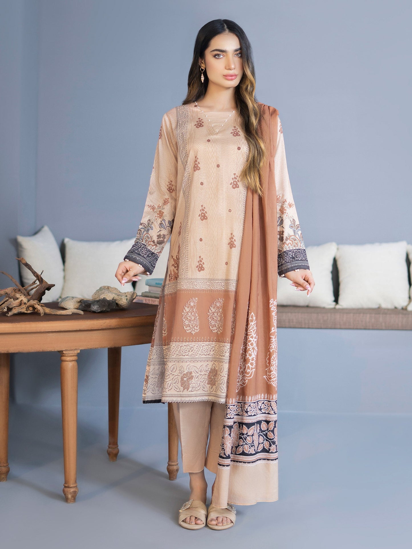 Beige 3 Piece Printed Lawn Suit By LimeLight